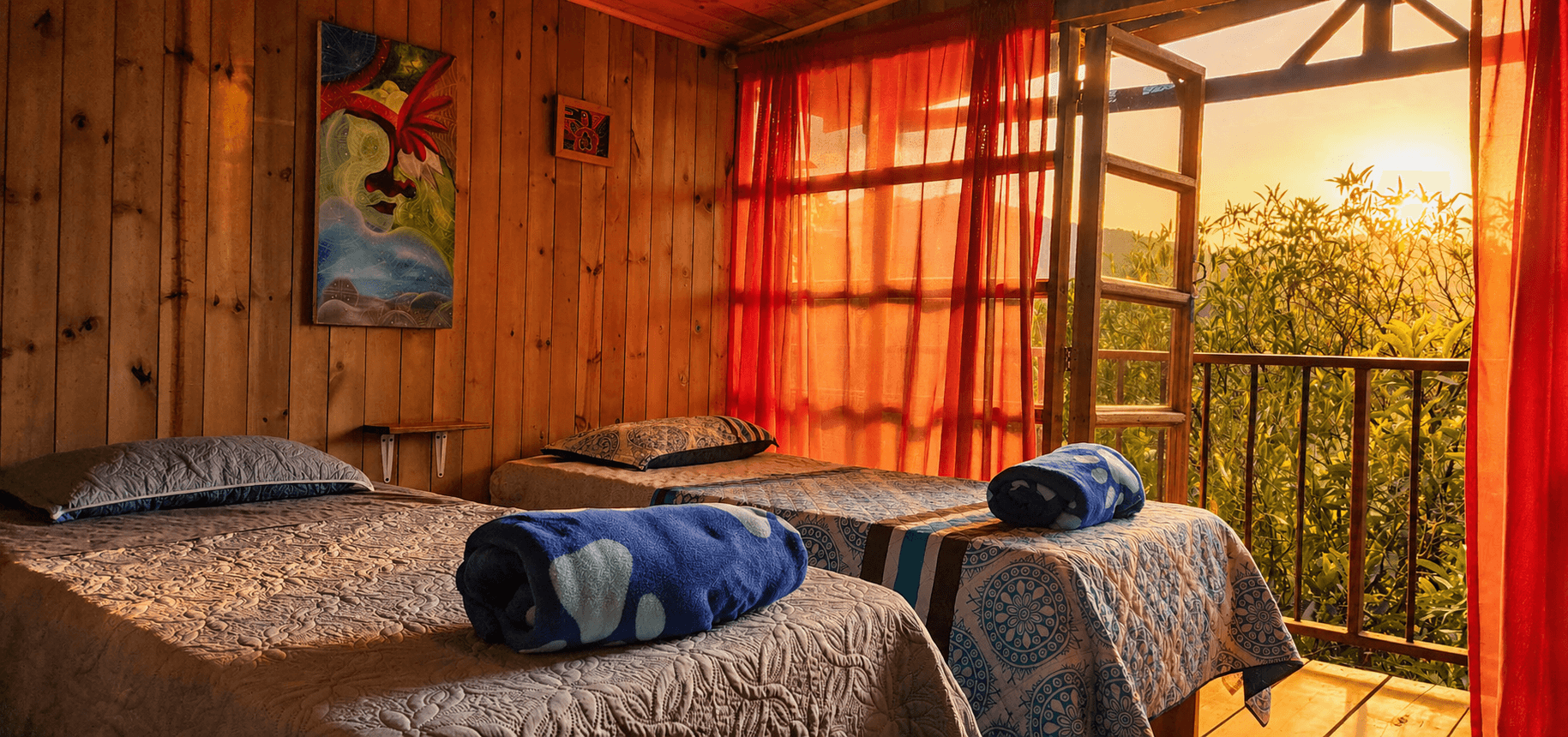 Shared retreat cabin with three beds prepared for guests