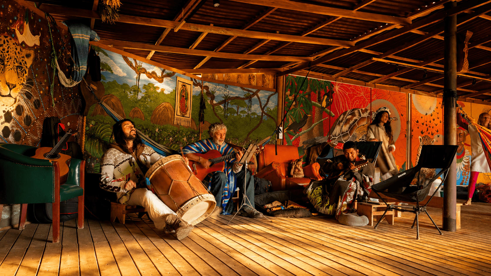 Medicine music in the ceremony house at golden hour