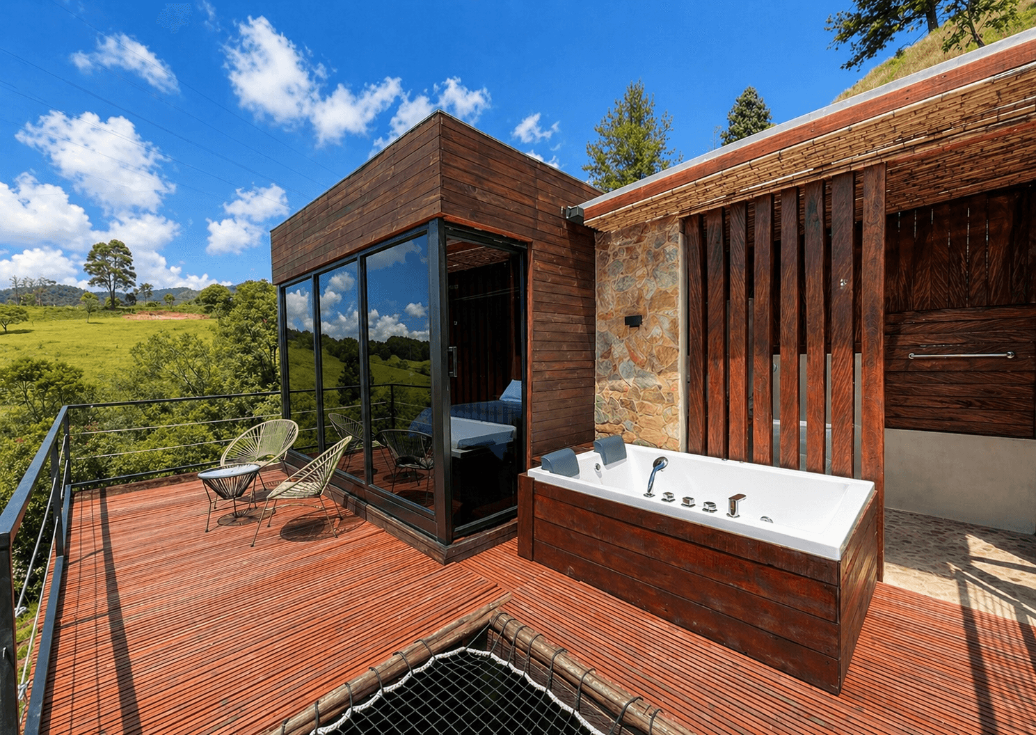 Private cabin exterior and terrace in the mountains