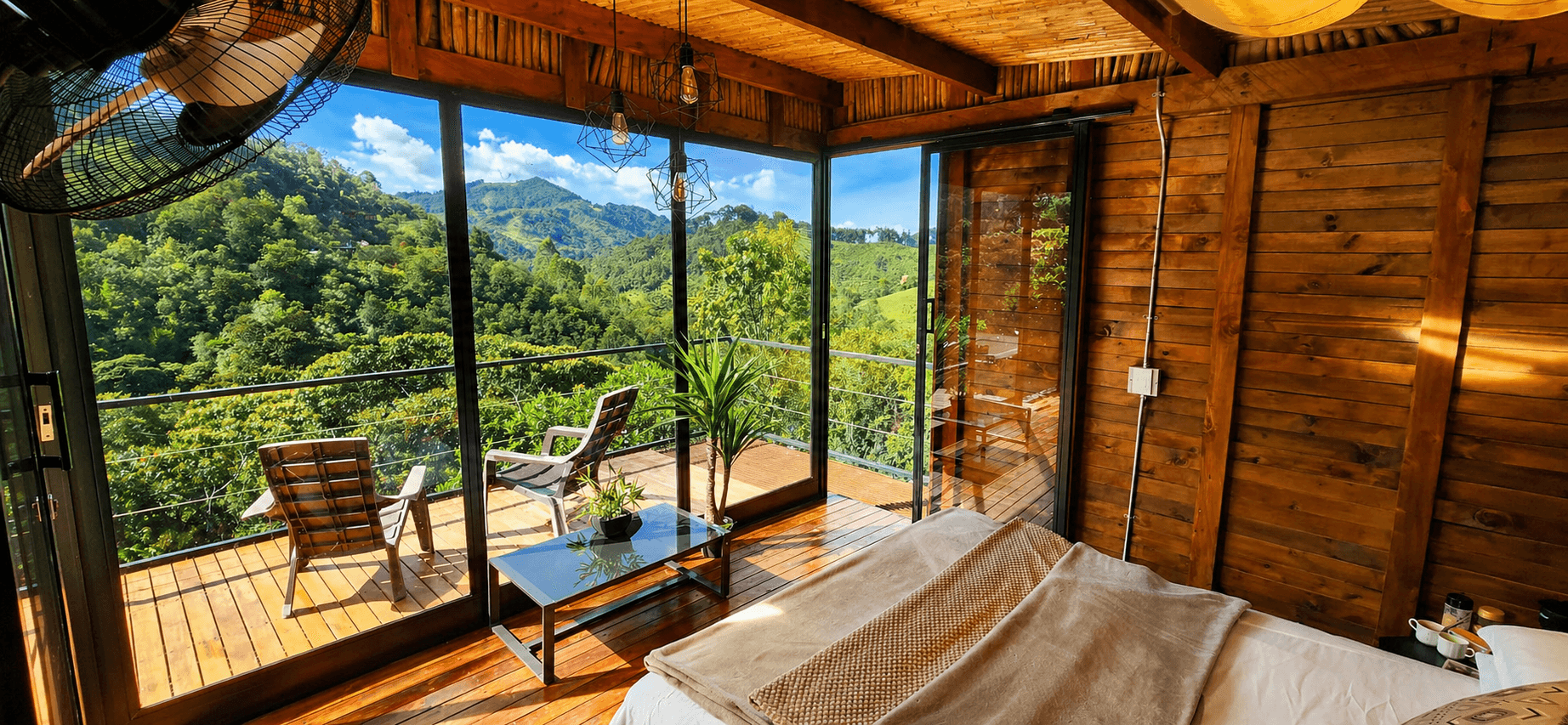 Private cabin interior with panoramic mountain view