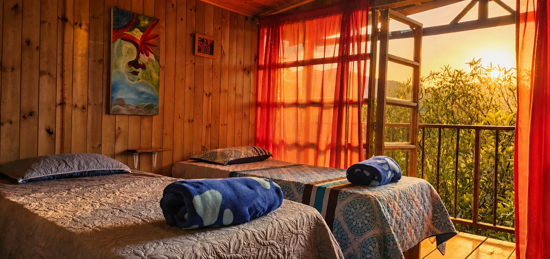 A shared cabin bedroom with three beds and warm light