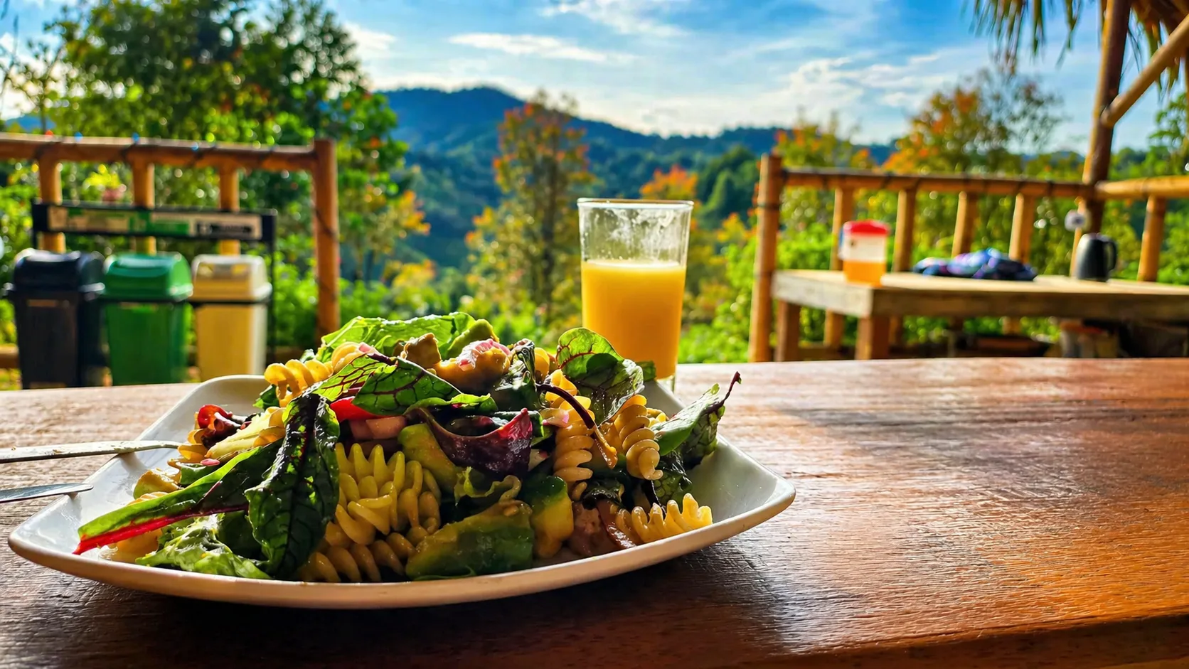 A meal served outdoors with a mountain view