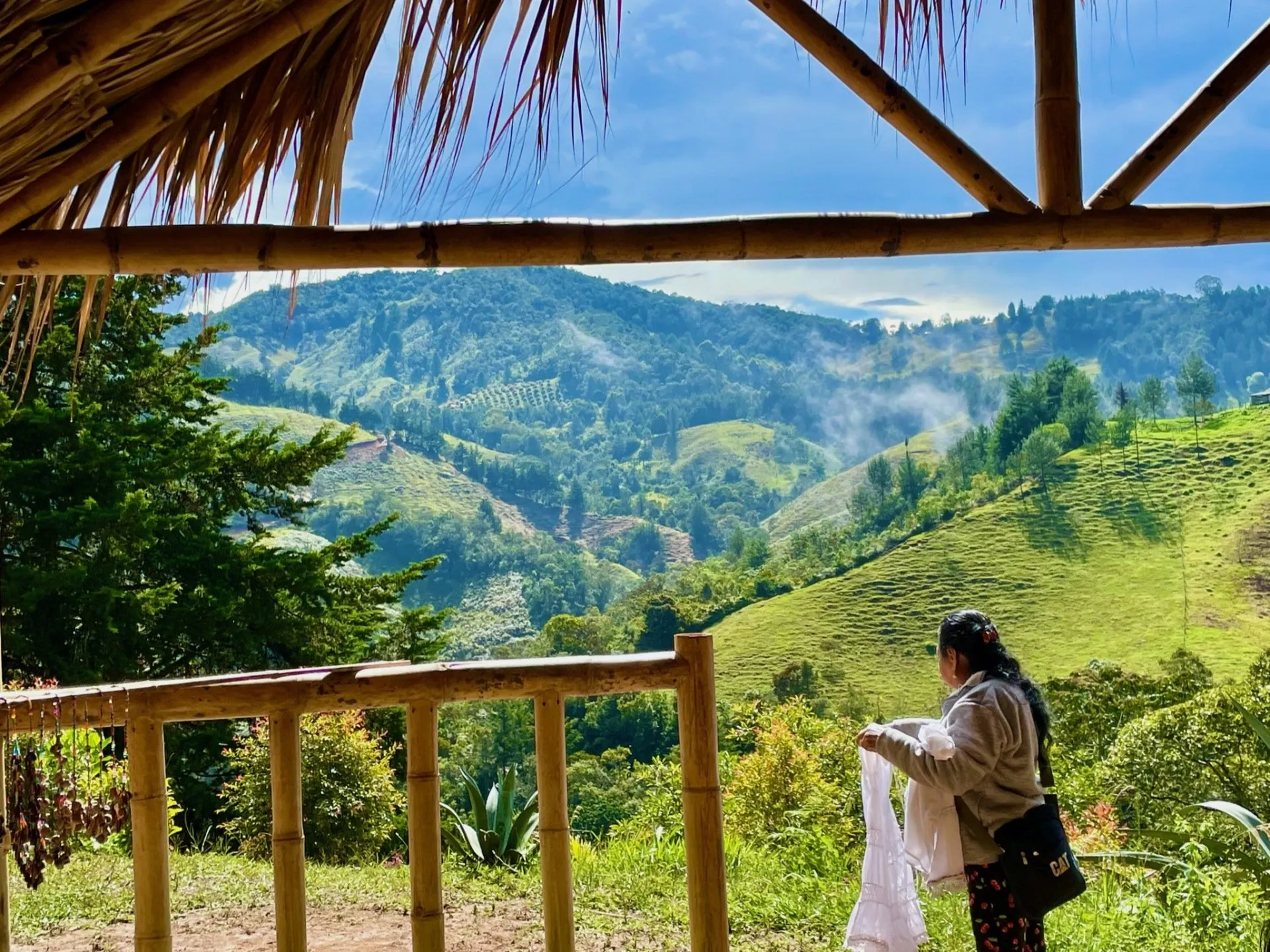 A cabin balcony looking out over the valley