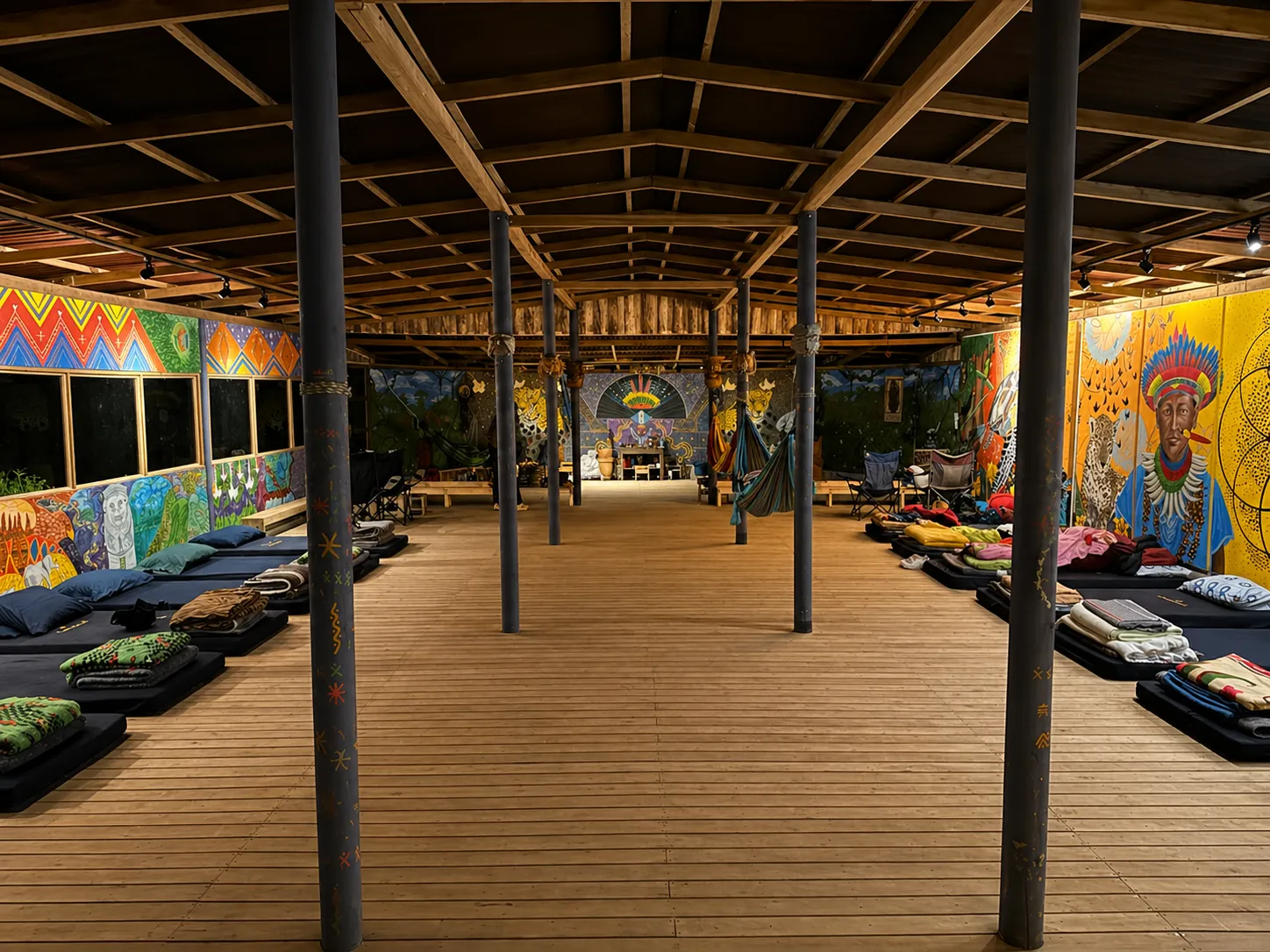 The ceremony space prepared with mats before a retreat session